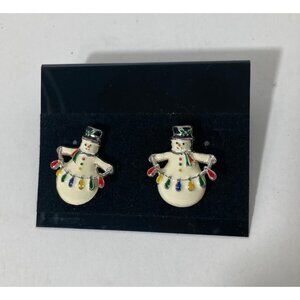 Enamel Snowman Earrings Holding String of Christmas Lights 1" White Red Green